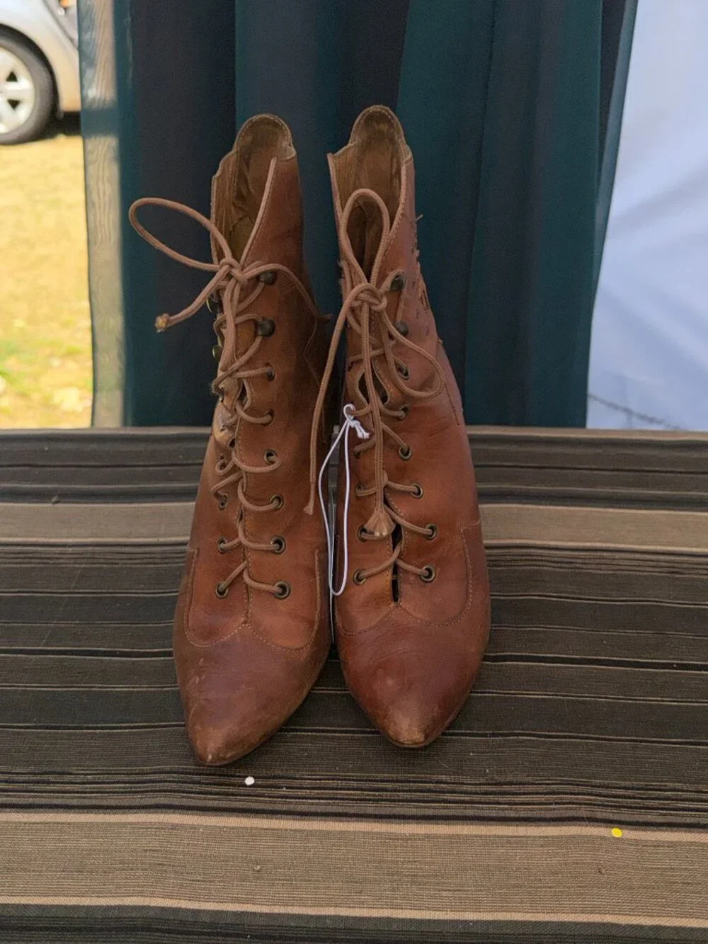 Vintage 80s The Wild Pair Brown Leather Lace Up Sun Cutout Stiletto Boots Size 7